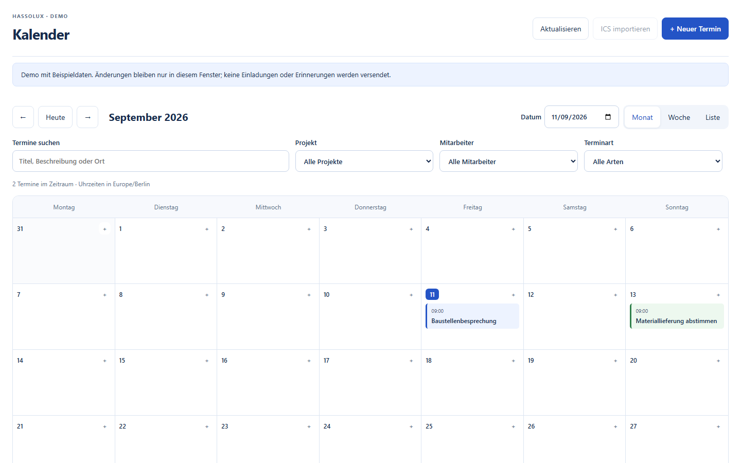 Hassolux Baustellenkalender im Browser mit projektbezogenen Terminen – Beispieldaten